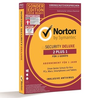 Symantec Norton Security Deluxe 3.0 Deutsch 3 Geräte Vollversion PKC 1 Jahr Limited Edition 2 Plus 1 Edition 2018