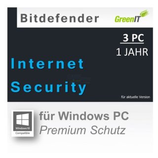 Bitdefender Internet Security 3 PCs Vollversion GreenIT 1 Jahr für aktuelle Version 2016